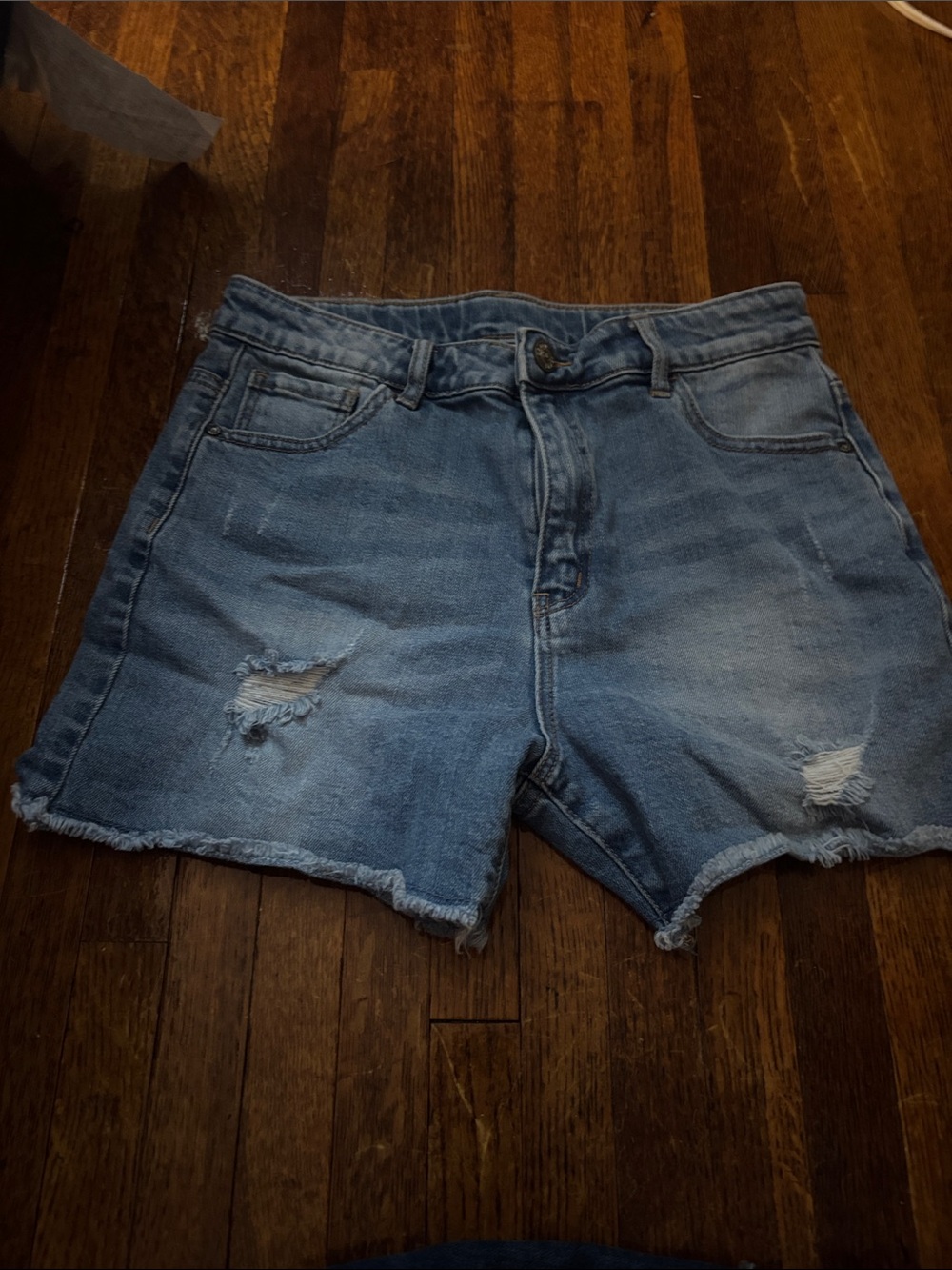 High-Rise Distressed Jean Shorts in Light Blue